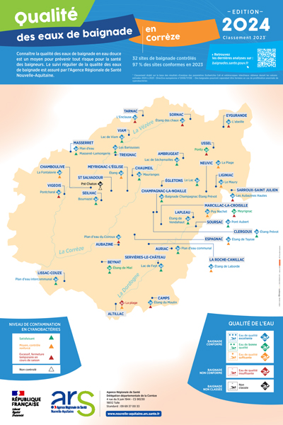 Carte qualité des eaux de baignade - Corrèze (19) - Edition 2024