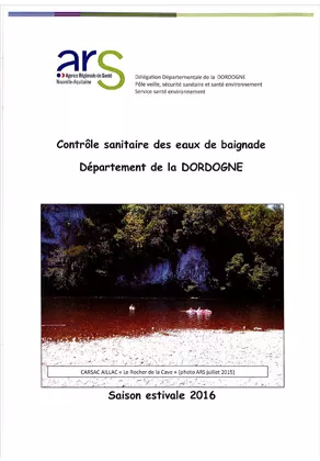 Couverture du rapport "qualité de l'eau de baignade" de la Dordogne en 2016 Vignette