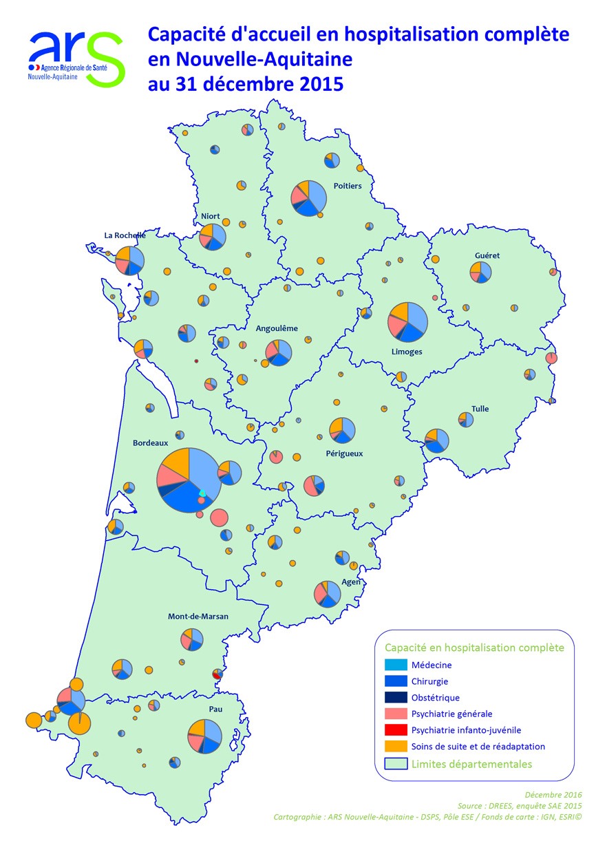 Carte des capacités d'accueil en hospitalisation complète en Nouvelle-Aquitaine - décembre 2015