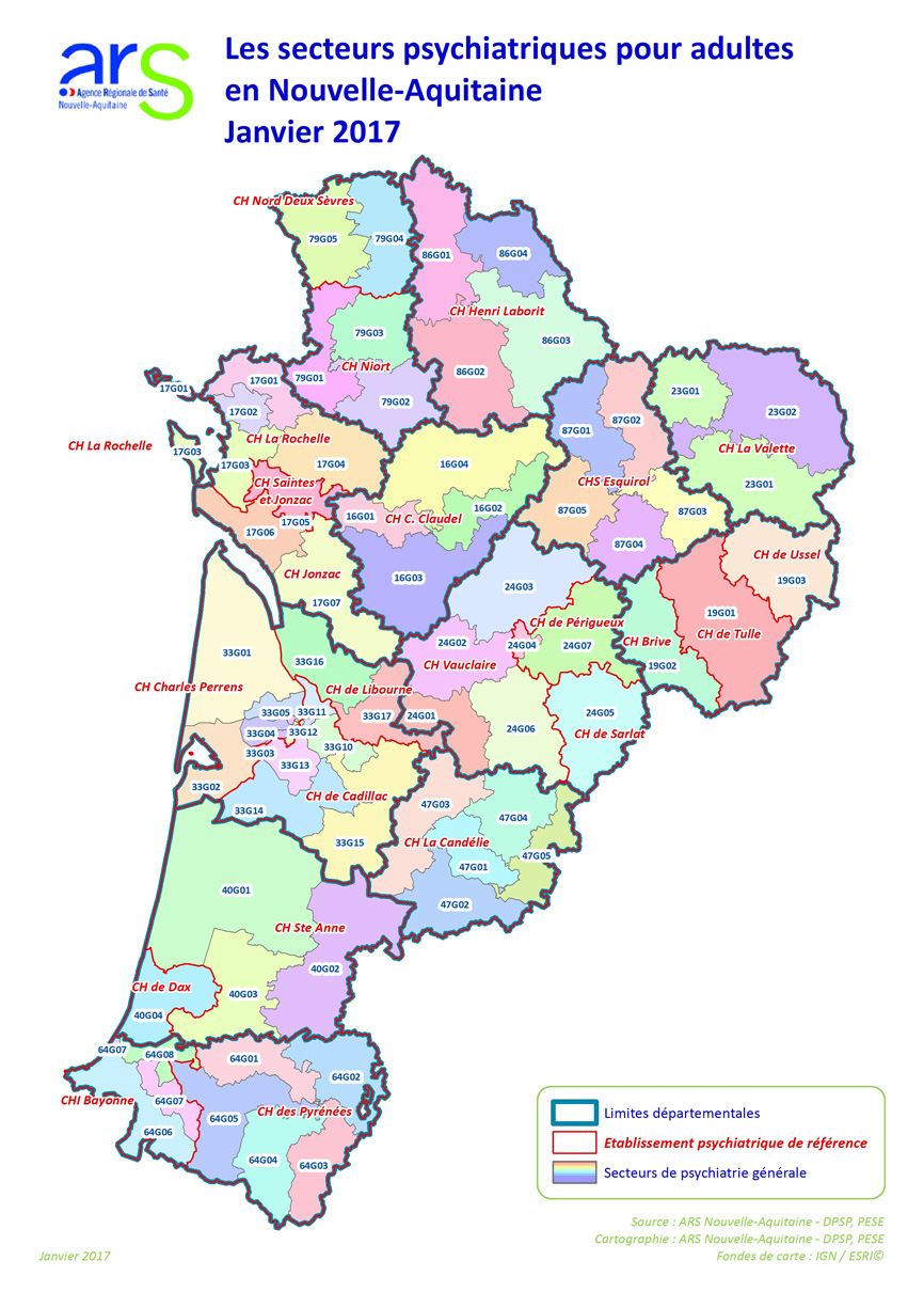 Carte de la sectorisation psychiatrique générale pour les personnes âgées de 16 ans ou plus en Nouvelle-Aquitaine - janvier 2017