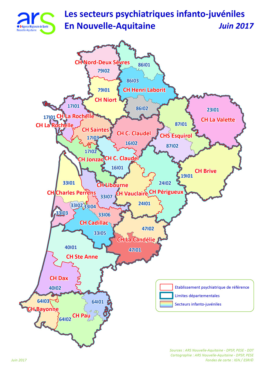 Carte de la sectorisation psychiatrique infanto-juvénile (ou pédopsychiatrique) pour les jeunes de moins de 16 ans en Nouvelle-Aquitaine - juin 2017