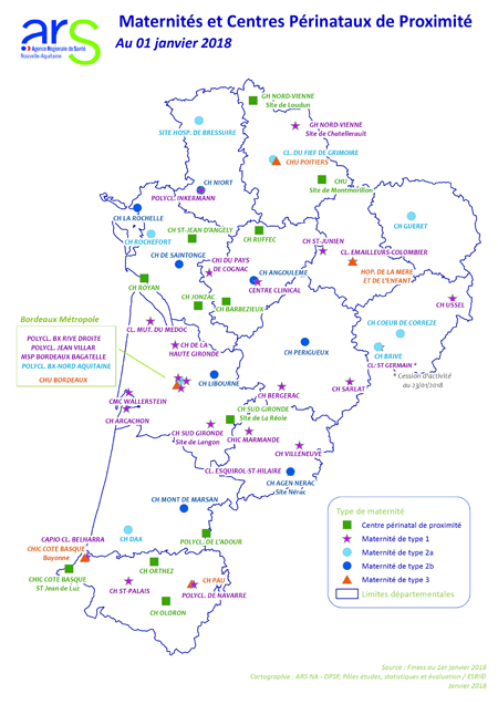 Carte maternités CPP Nouvelle-Aquitaine (01/01/2018)
