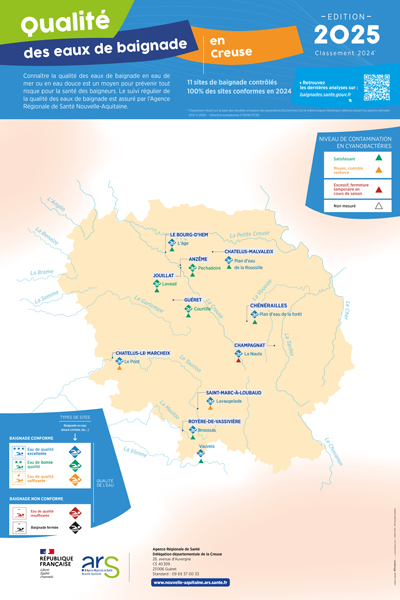 Carte qualité des eaux de baignade - Creuse (23) - Edition 2025