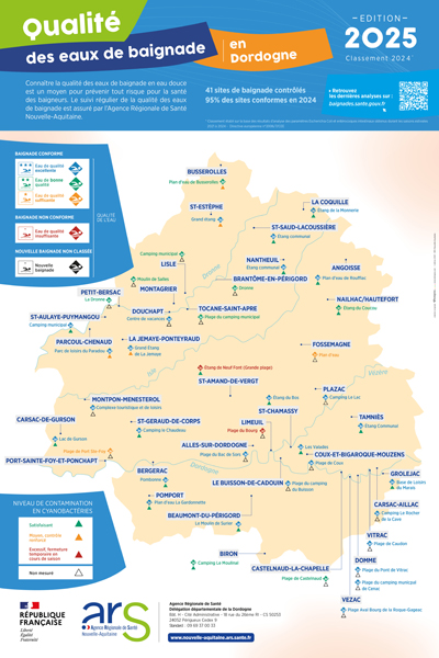 Carte qualité des eaux de baignade - Dordgone (24) - Edition 2025