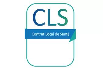 Logo de forme rectangulaire blanc et bleu avec marqué CLS en dégradé de bleu et en dessous en toutes lettres Contrat local de santé