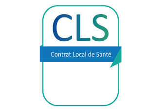 Logo de forme rectangulaire blanc et bleu avec marqué CLS en dégradé de bleu et en dessous en toutes lettres Contrat local de santé