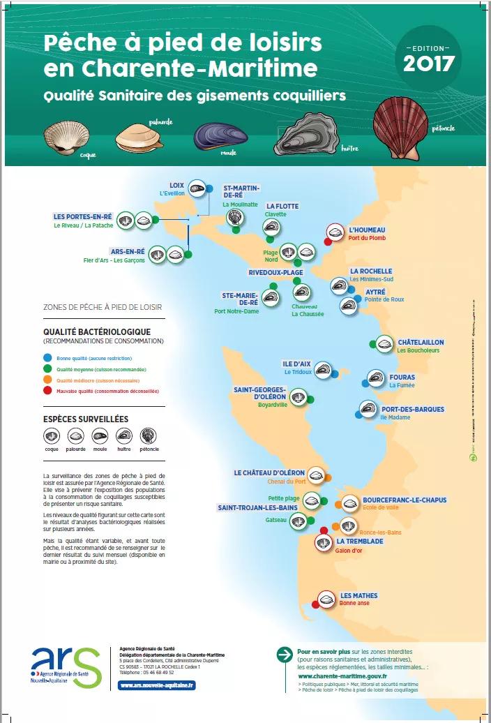 Image de la cartographie de la pêche à pied de loisirs en Charente-Maritime - Qualité Sanitaire des gisements coquilliers - 2017