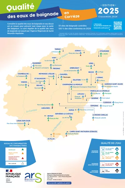 Carte qualité des eaux de baignade - Corrèze (19) - Edition 2025