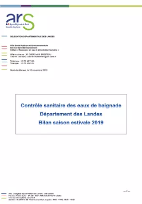 Couverture Rapport "qualité de l'eau de baignade" des Landes (40) en 2019 292*420 Vignette