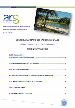 Couverture Rapport "qualité de l'eau de baignade" de Lot-et-Garonne (47) en 2019 292*420 Vignette