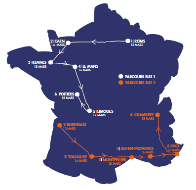 Image Carte de france - Tour bus don de moelle osseuse 2017