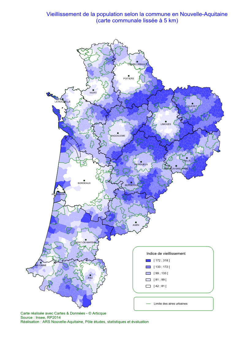Cartographie indice de vieillissement de la population Nouvelle-Aquitaine en 2014