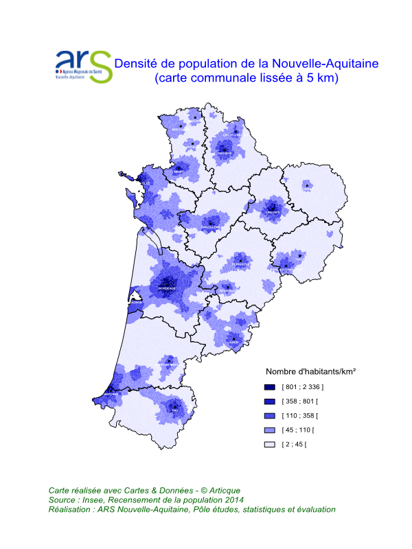 Cartographie densité de la population Nouvelle-Aquitaine en 2014