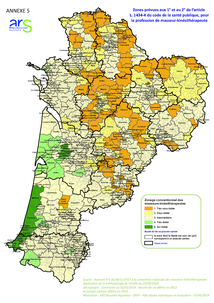 Cartographie des zones prévues aux 1° et 2° de l'article L. 1434-4 du CSP / masseurs-kinésithérapeutes - 14 juin 2019