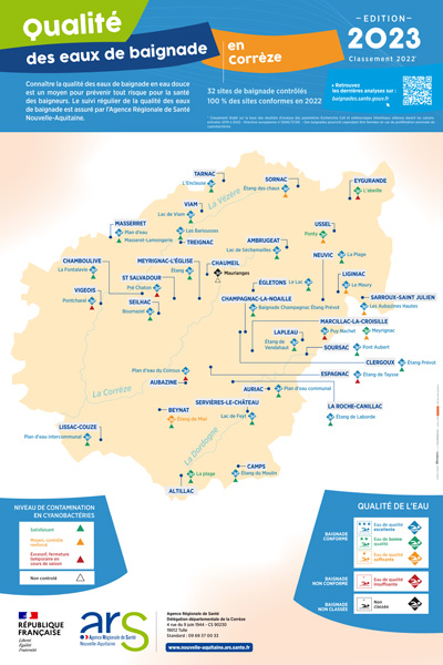 Carte qualité des eaux de baignade - Corrèze (19) - Edition 2023