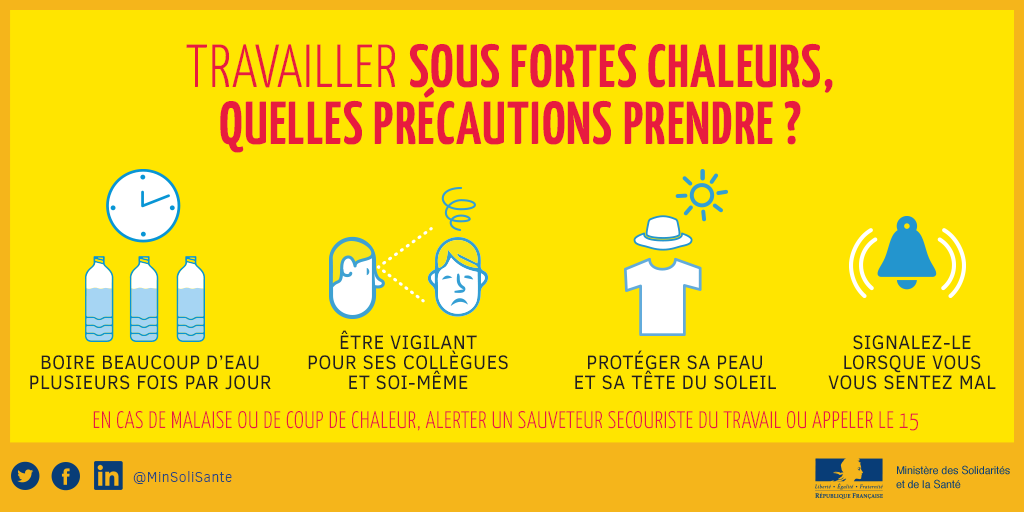 Travailler sous de forte chaleurs, quellesprécautions prendre ? Boire beaoucoup d'eau plusieur fois par jour, être vigilant pour ses collègues et soi même, protéger sa peau et sa tête du soleil, signalez-le lorsque vous vous sentez mal