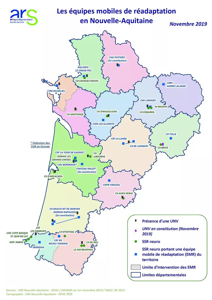 Cartographie des zones d’intervention des équipes mobiles de réadaptation équipes mobiles de réadaptation en Nouvelle-aquitaine 