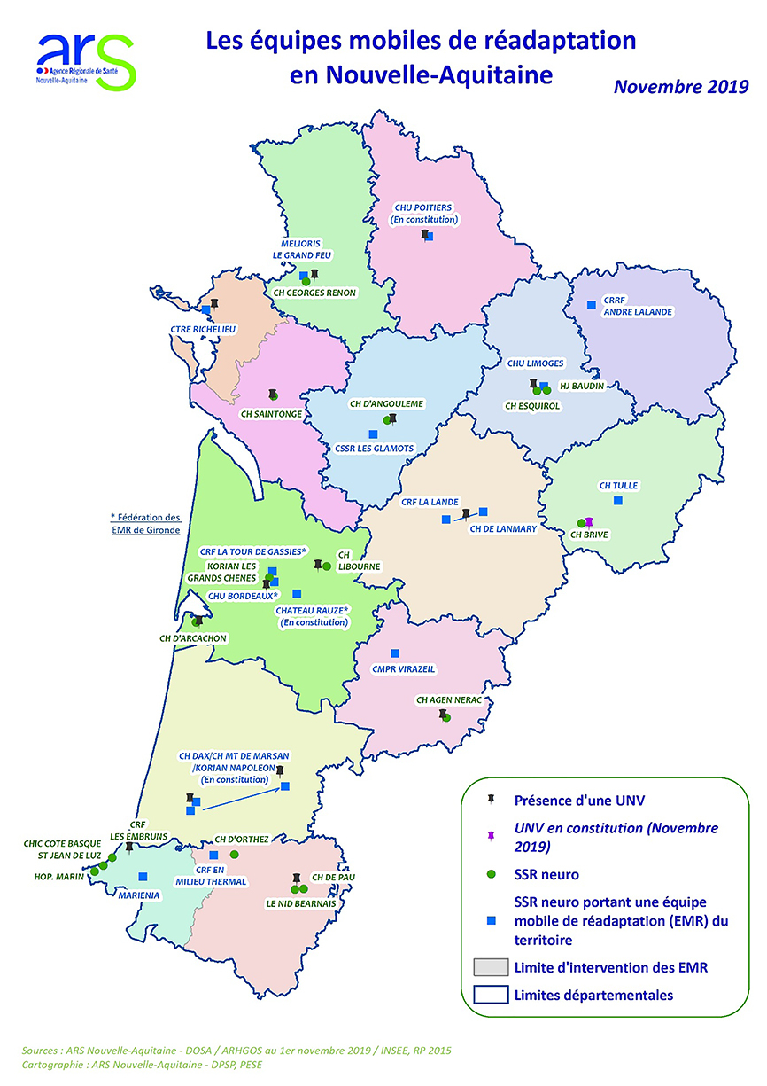 Cartographie des zones d’intervention des équipes mobiles de réadaptation équipes mobiles de réadaptation en Nouvelle-aquitaine 