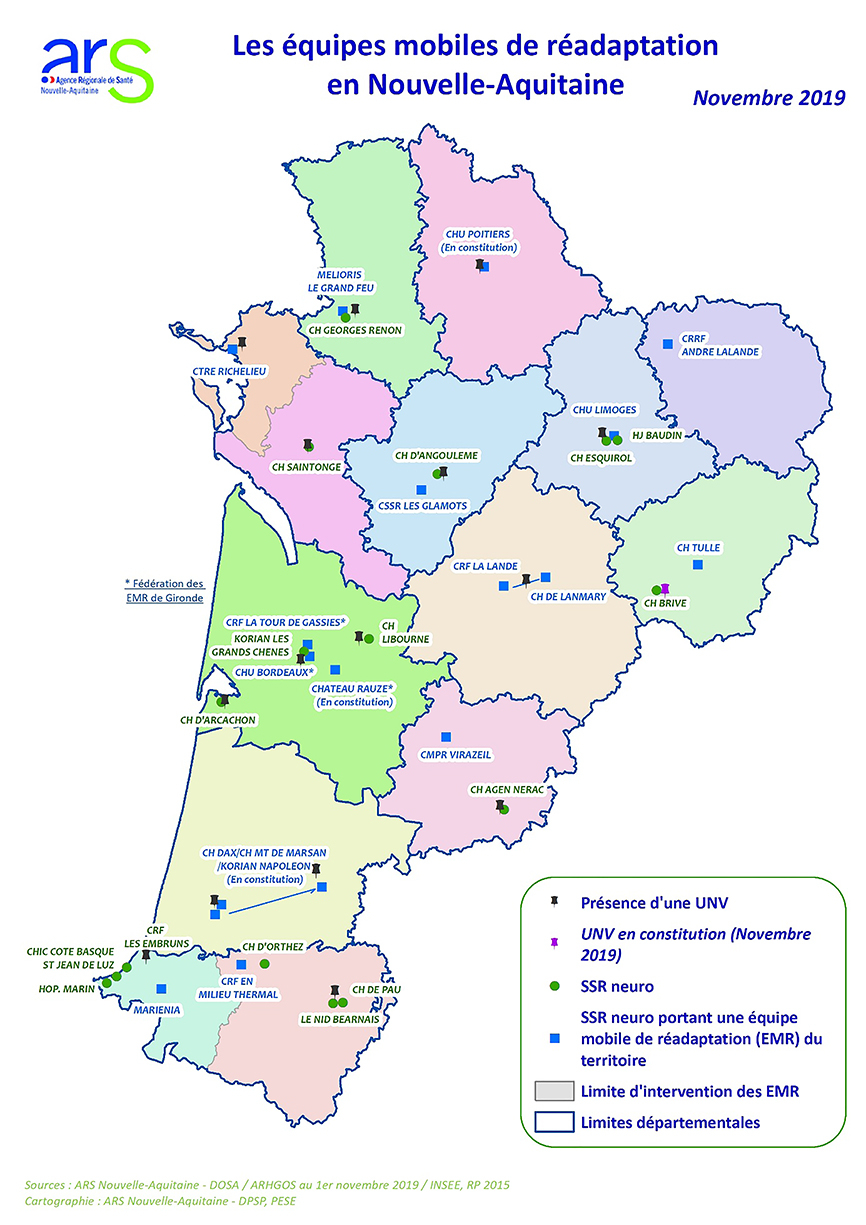 Cartographie des zones d’intervention des équipes mobiles de réadaptation équipes mobiles de réadaptation en Nouvelle-aquitaine