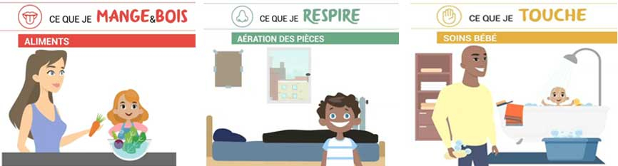 Bandeau visuel vidéos sante environnement - manger, boire, toucher et respirer