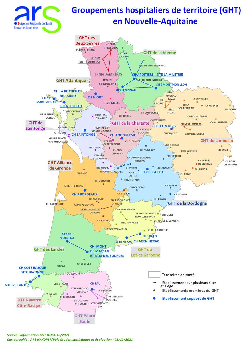 Carte des GHT en Nouvelle-Aquitaine 08/12/2021