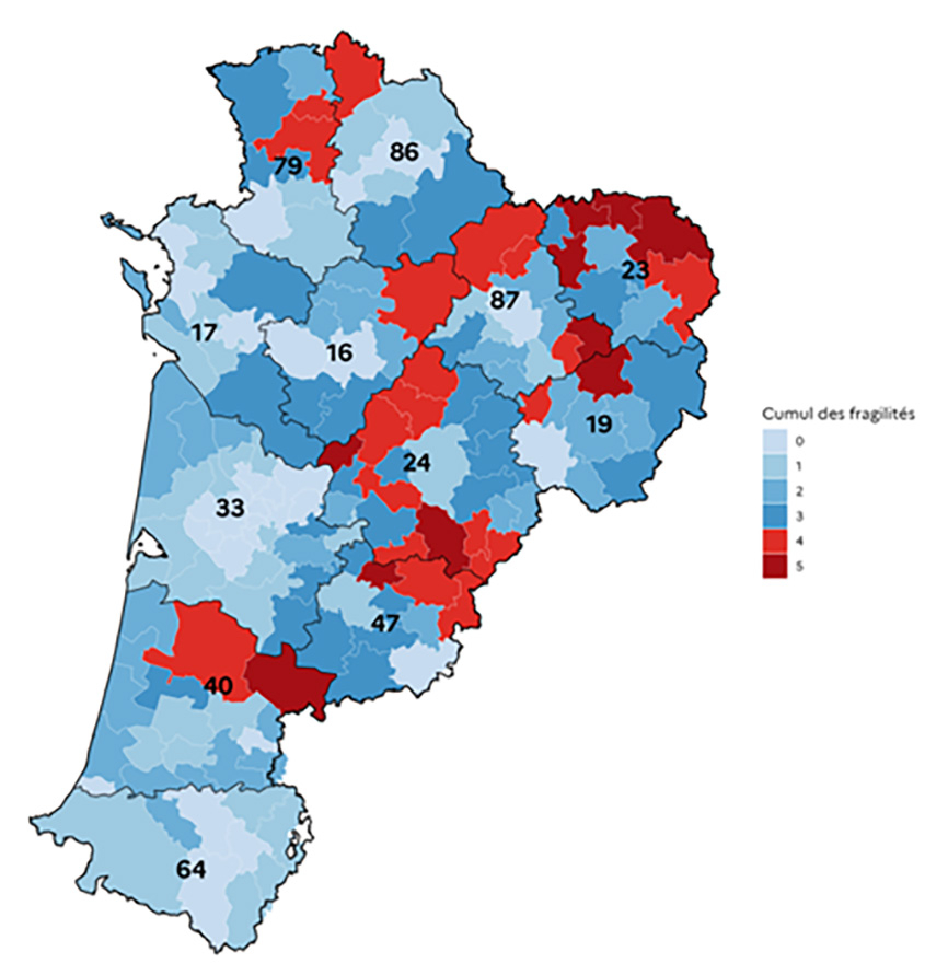 Carte en couleur des 12 départements de la région Nouvelle-Aquitaine. Les zones en tension correspondant à des déserts médicaux sont indiquées en rouge.