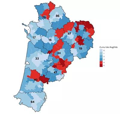 Carte en couleur des 12 départements de la région Nouvelle-Aquitaine. Les zones en tension correspondant à des déserts médicaux sont indiquées en rouge.