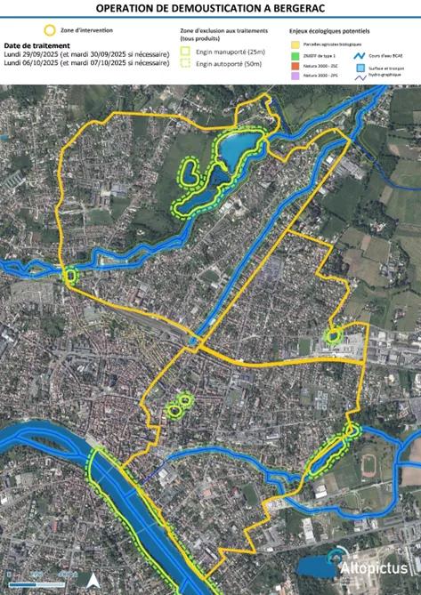 Plan des quartiers de la ville de Bergerac concernés par l'opération de démoustication