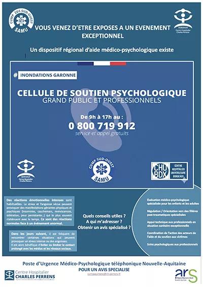 Affiche bleu et verte donnant les coordonnées de la Cellule de soutien psychologique du Centre hospitalier Charles Perrens