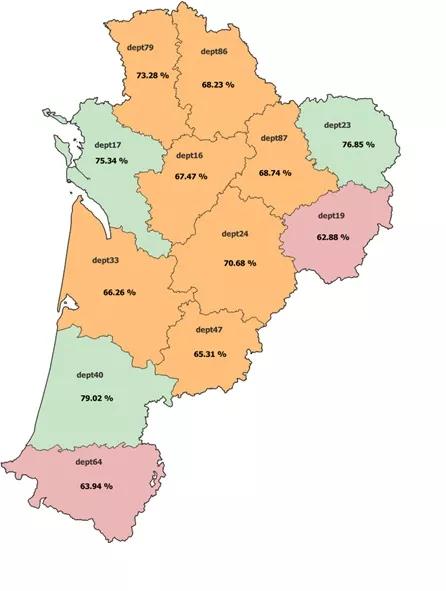 Carte en couleurs de la Nouvelle-Aquitaine présentant le taux de médecins utilisant "Mon espace santé" par département 