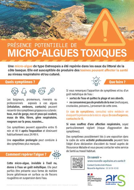 Affiche Présence potentielle de micro-algues toxiques - Pyrénées-Atlantiques (64)