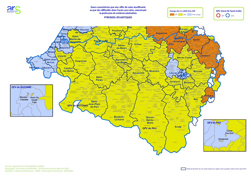 Zonage Médecins Pyrénées-Atlantiques (64) R1434-4 CSP du 31/03/2022