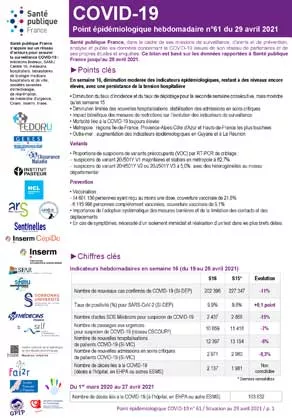 Couverture COVID-19 - Point épidémiologique national - Situation au 29 avril 2021