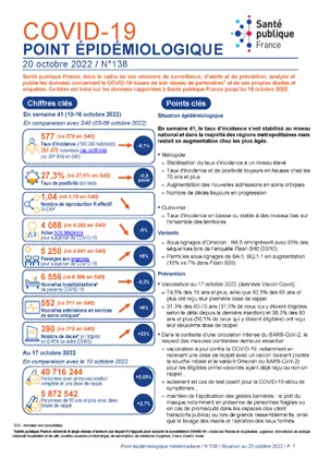 Couverture COVID-19 - Point épidémiologique national - Situation au 20 octobre 2022 