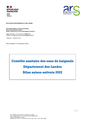 Couverture Rapport "qualité de l'eau de baignade" des Landes (40) en 2022