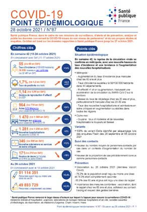 Couverture COVID-19 - Point épidémiologique national - Situation au 28 octobre 2021