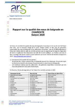 Couverture rapport "qualité de l'eau de baignade" de la Charente (16) en 2020