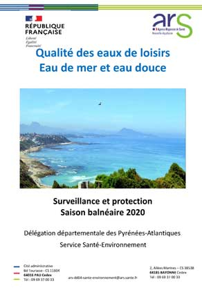 Couverture rapport "qualité de l'eau de baignade" des Pyrénées-Atlantiques (64) en 2020