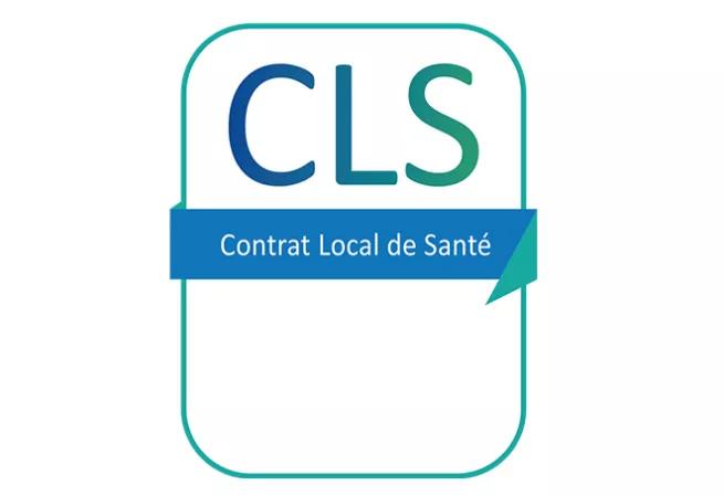 Logo de forme rectangulaire blanc et bleu avec marqué CLS en dégradé de bleu et en dessous en toutes lettres Contrat local de santé